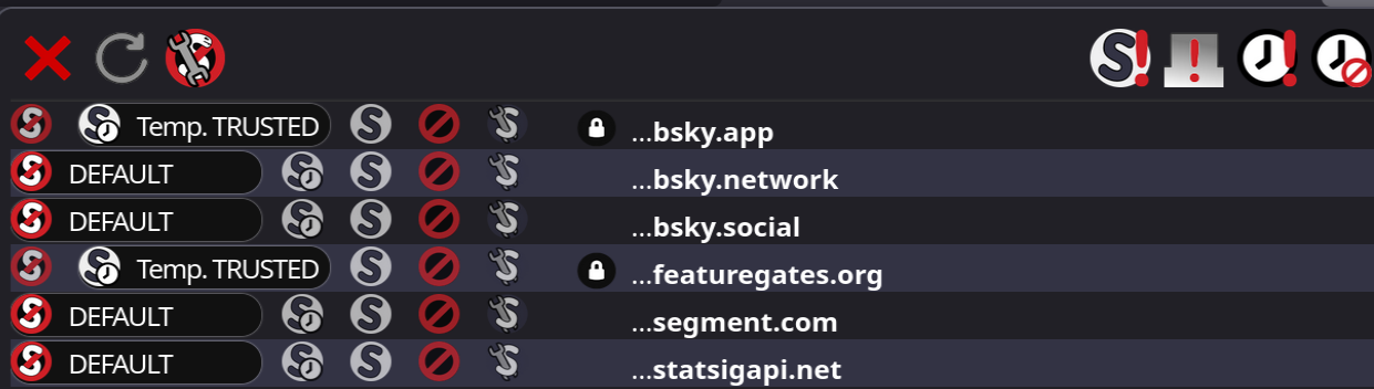 A screenshot of my Noscript Firefox extension on bsky.app, showing Segment.com as a source for a script