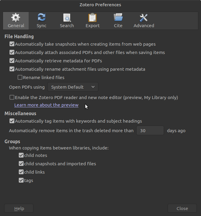 A screenshot of Zotero's general preferences menu