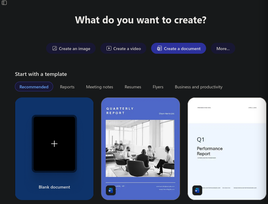 a screenshot of a menu of document templates
