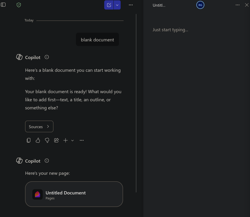 a screenshot of a chat with Copilot, asking for a 'blank document'