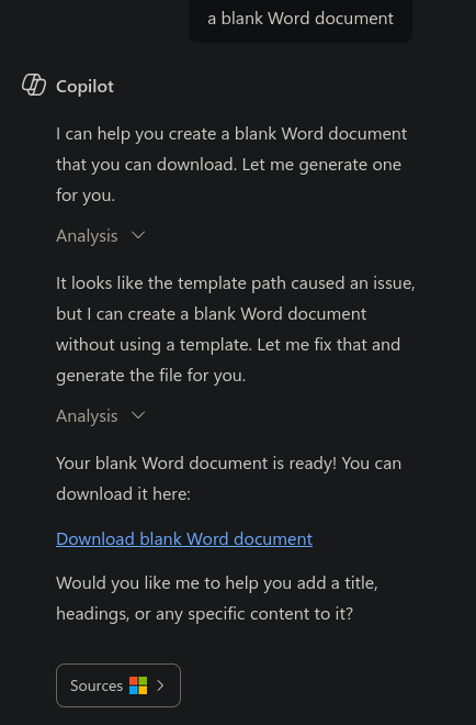 a screenshot of a chat with Copilot, asking for a 'blank Word document'