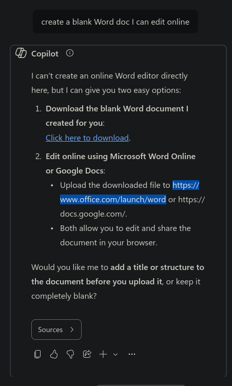 a screenshot of a chat with Copilot, asking for a 'blank Word document I can edit online'