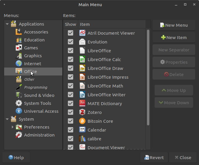 A screenshot of Mate's Brisk menu editor