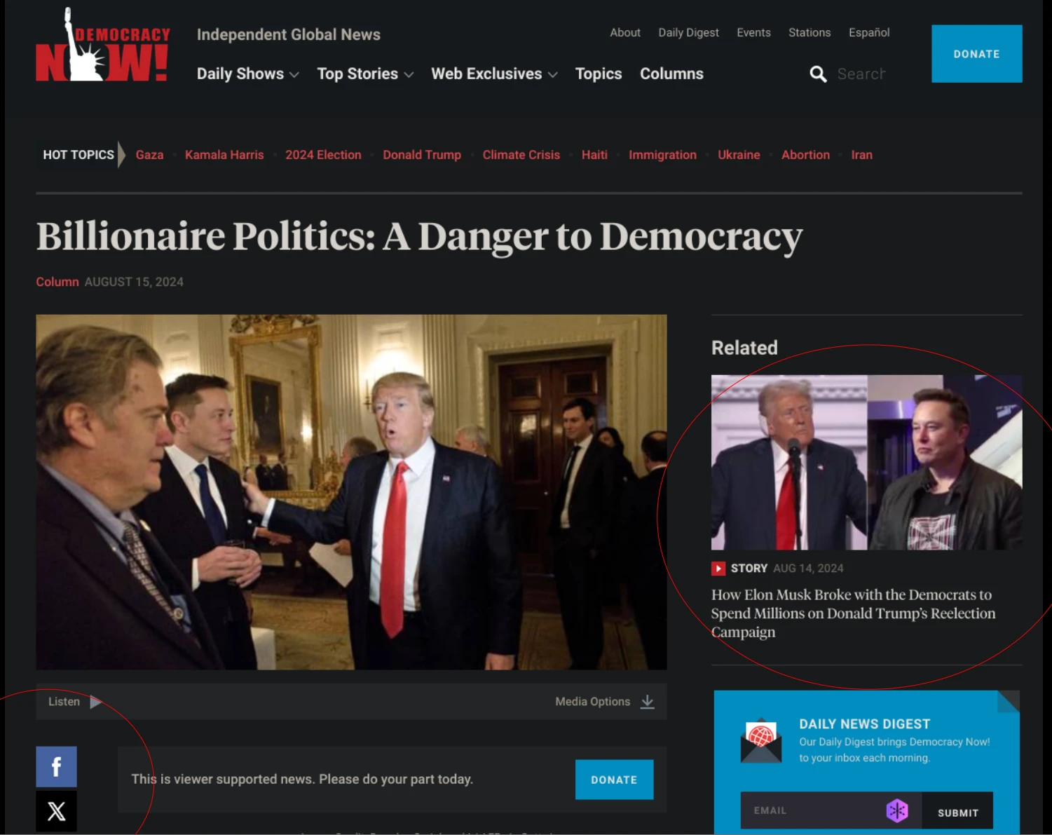 A screenshot of the Democracy Now website, showing stories critical of Elon Musk, yet allowing you to share the story on Musk's X.