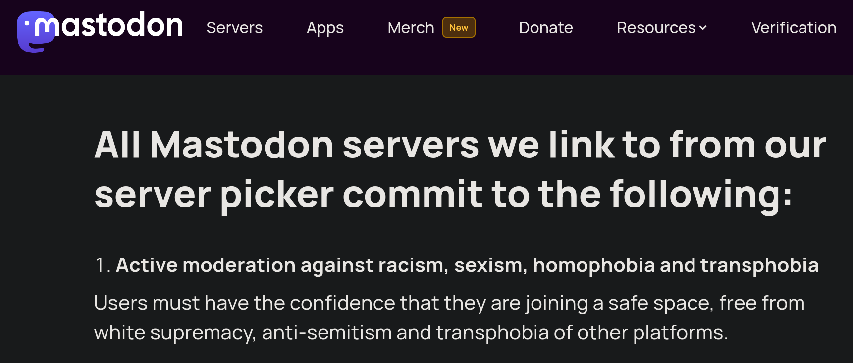 The website for the Mastodon server covenant, which includes the requirement for 'active moderation against racism, sexism, homophobia and transphobia.'