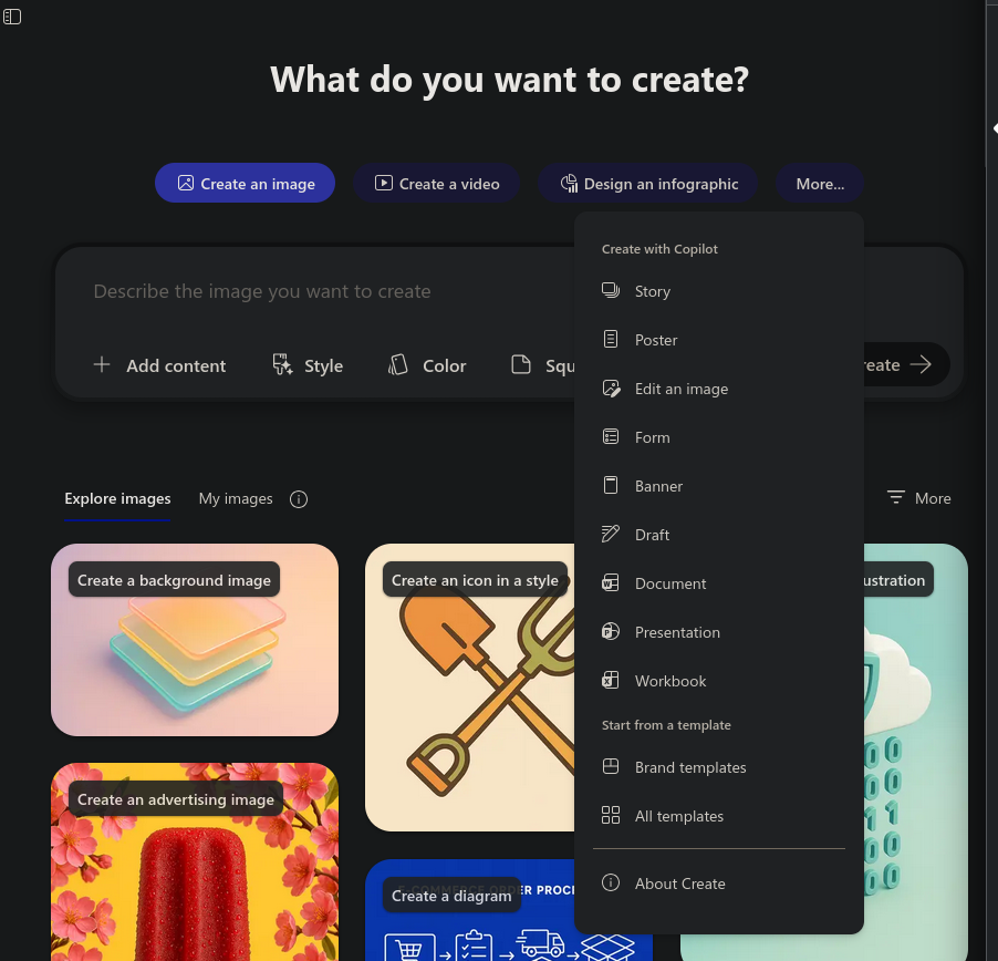 a screenshot of a menu with options such as 'story,' 'poster,', 'edit an image,' and, eventually, 'Document.'