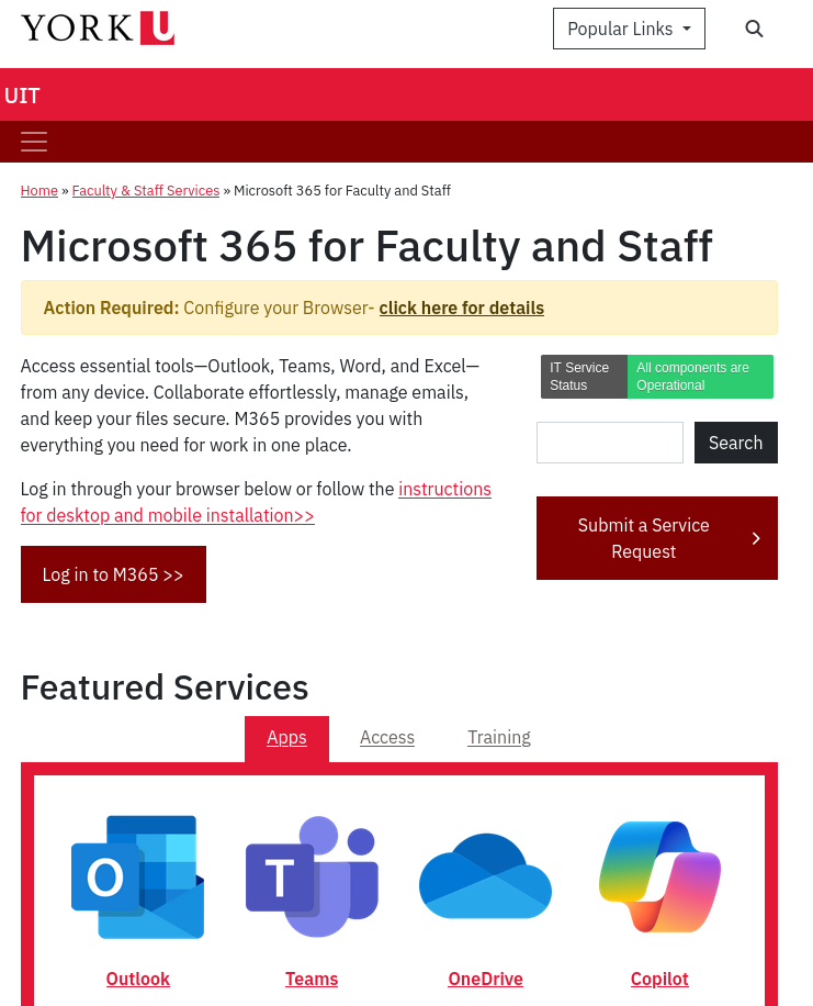 a screenshot of York University's 'Microsoft 365 for Faculty and Staff' page'