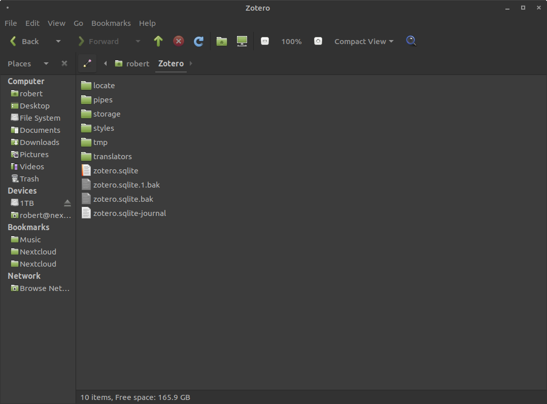 A screenshot of the Zotero folder and zotero.sqlite file